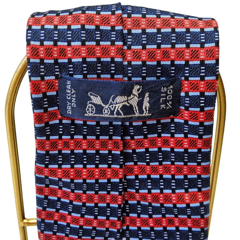 Hermes Silk Tie Mens One Size Red Blue Geometric Micro Pattern 816 EA France - Picture 3 of 11